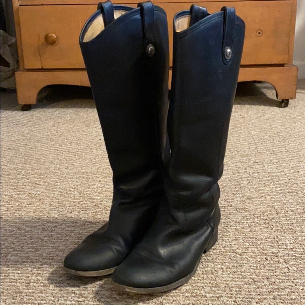 FRYE Melissa Button Lug Black Boots Riding Knee leather